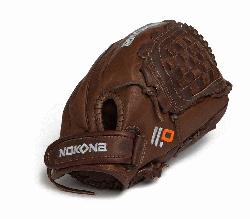 st Pitch Softball Glove. Stampeade leather close web and velcro closure back. Nokona Elite perfo